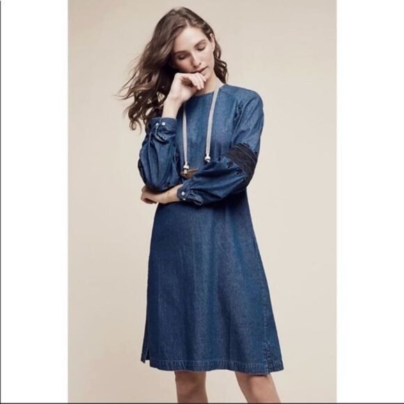 Anthropologie Ne Quittez Pas Open Sky Dress Embroidered denim  dreess Medium - Picture 1 of 9